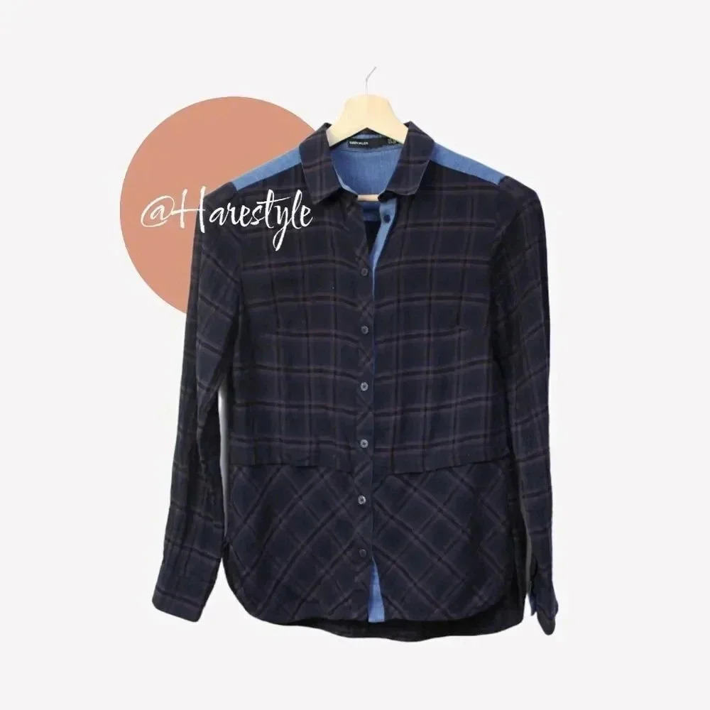 Karen Millen plaid skirted button shirt with chambray shoulders 6